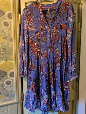 Anthropologie Blue Floral Long-Sleeve Tiered Dress